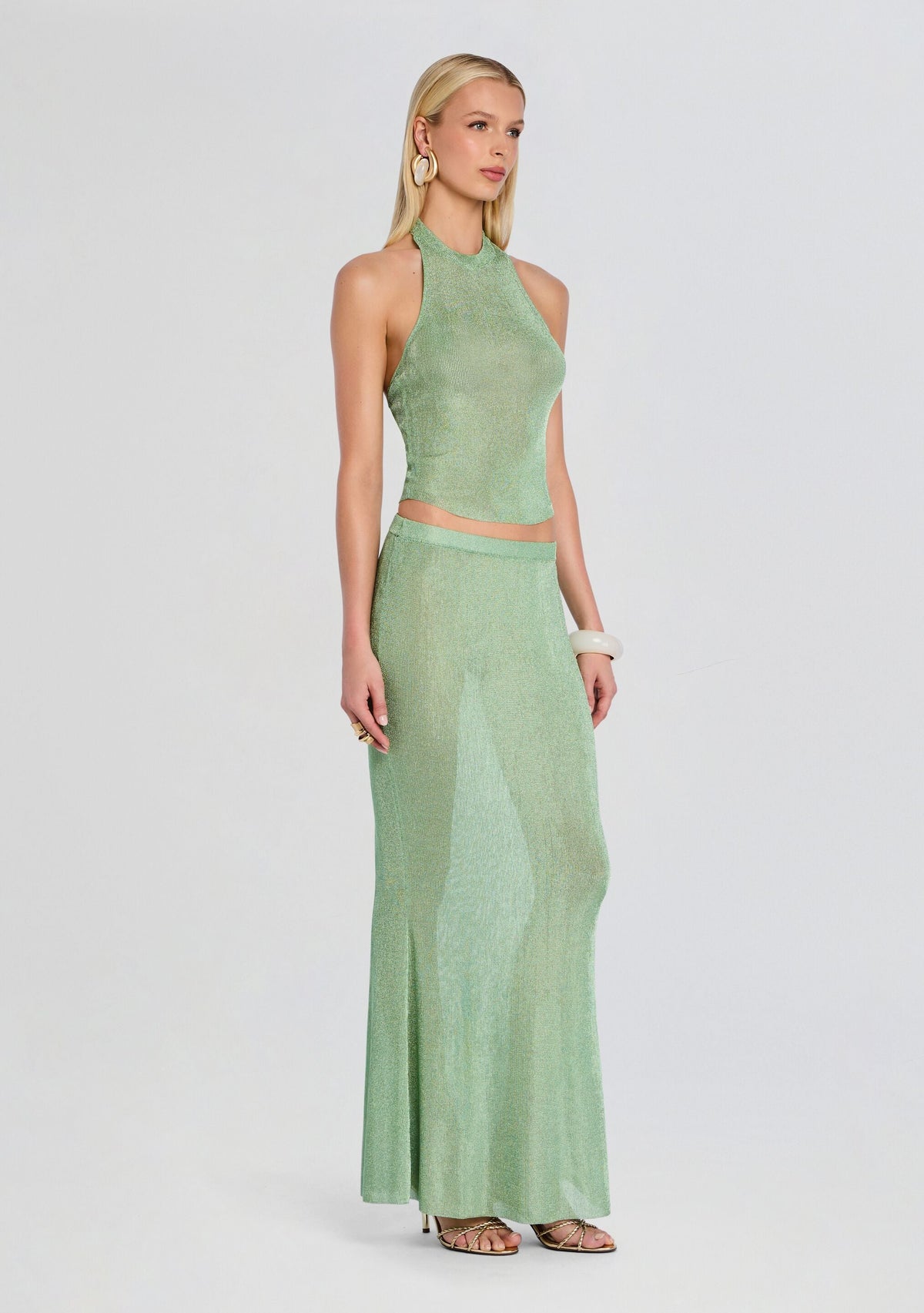 Minnie Metallic Knit Halter Top by SEROYA in Sage, product image 4