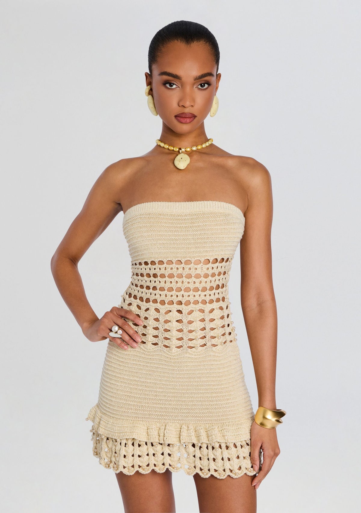 Vali Metallic Crochet Pearl Dress by retrofête in Metallic Ivory, product image 5