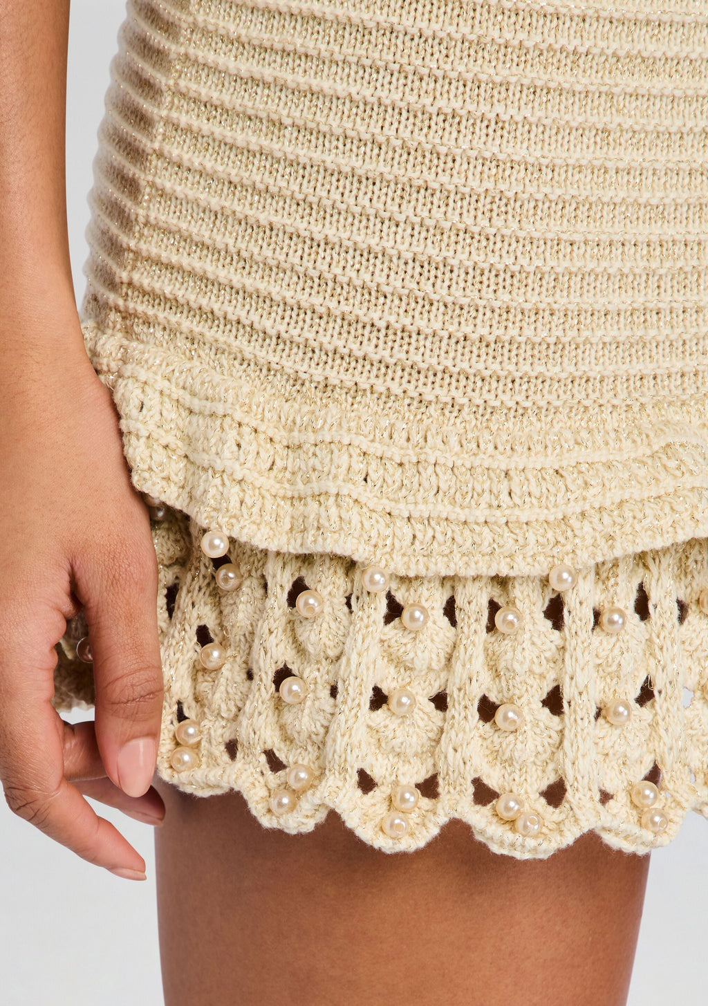 Vali Metallic Crochet Pearl Dress by retrofête in Metallic Ivory, product image 2