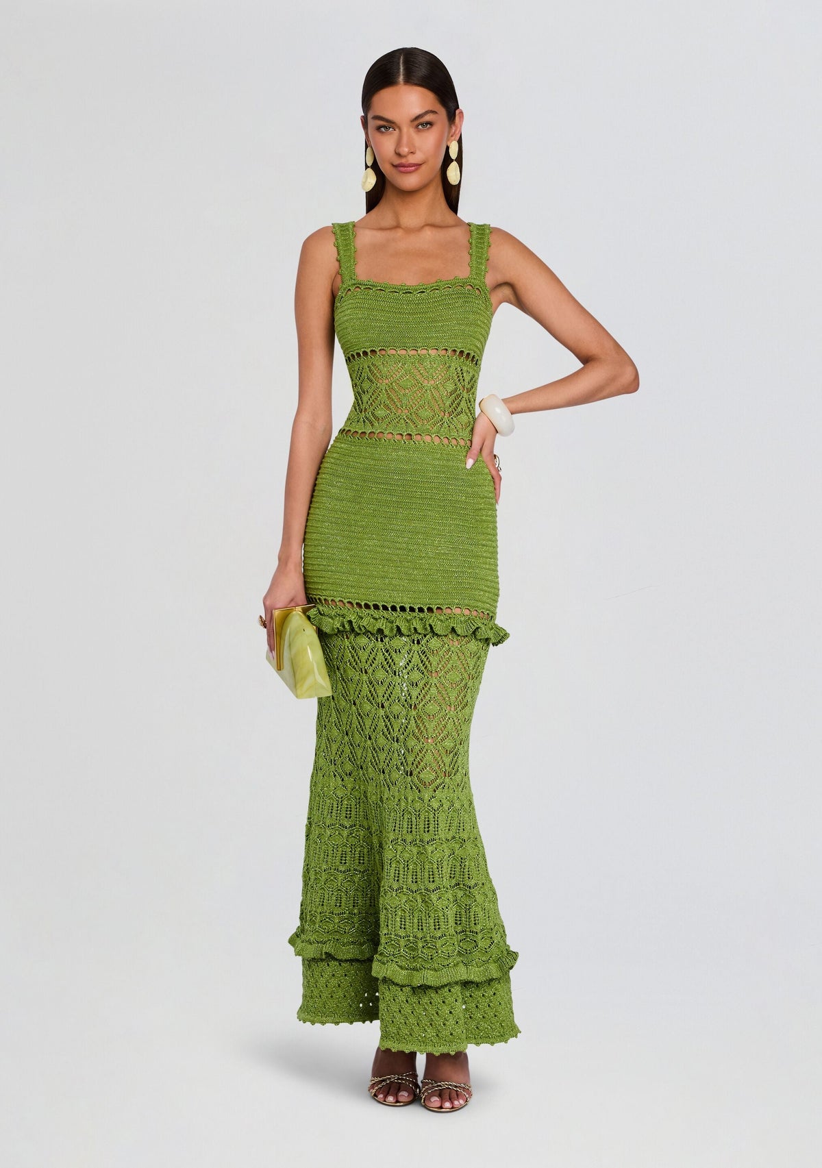 Winona Crochet Dress by retrofête in Metallic Kiwi, product image 1
