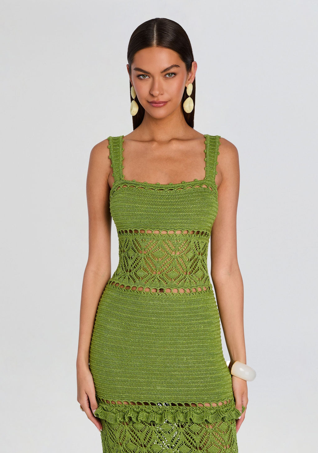 Winona Crochet Dress by retrofête in Metallic Kiwi, product image 5