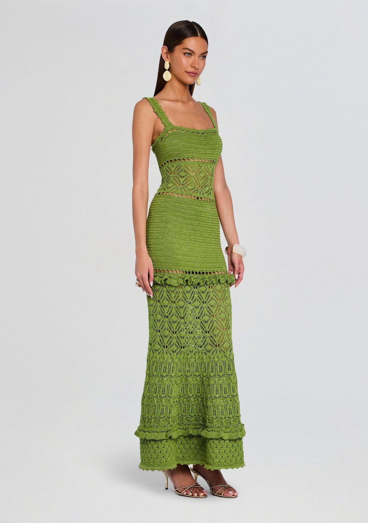 Winona Crochet Dress by retrofête in Metallic Kiwi, product image 3
