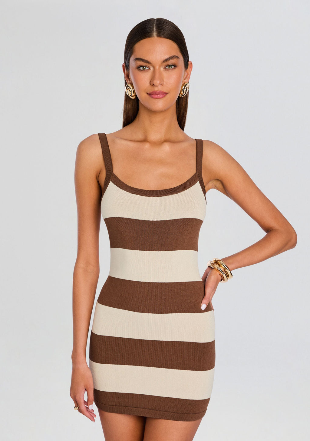 Nolita Knit Mini Dress by SEROYA in Almond/ Cocoa Brown, product image 5