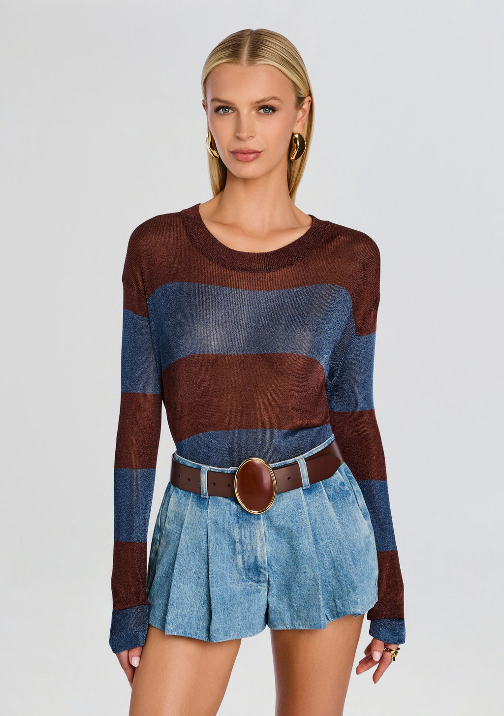 Hana Metallic Knit Top by SEROYA in Rust/Navy, product image 1