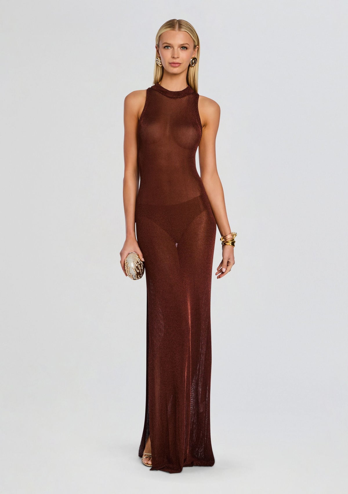 Henne Metallic Knit Maxi Dress by SEROYA in Rust, product image 1