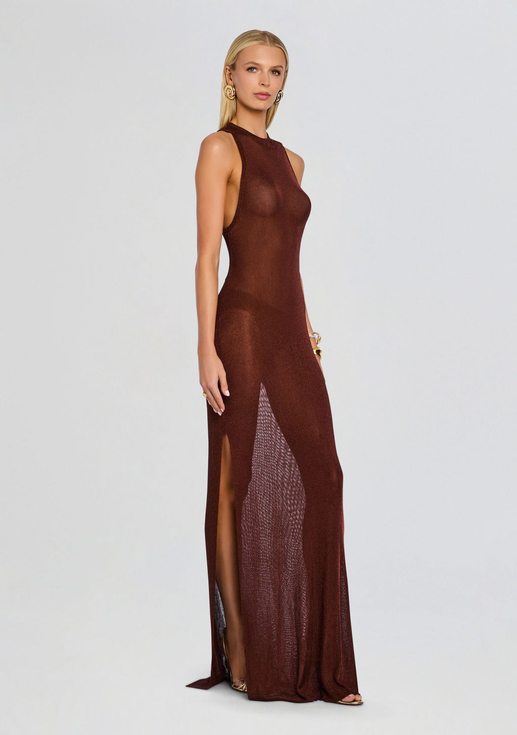 Henne Metallic Knit Maxi Dress by SEROYA in Rust, product image 3