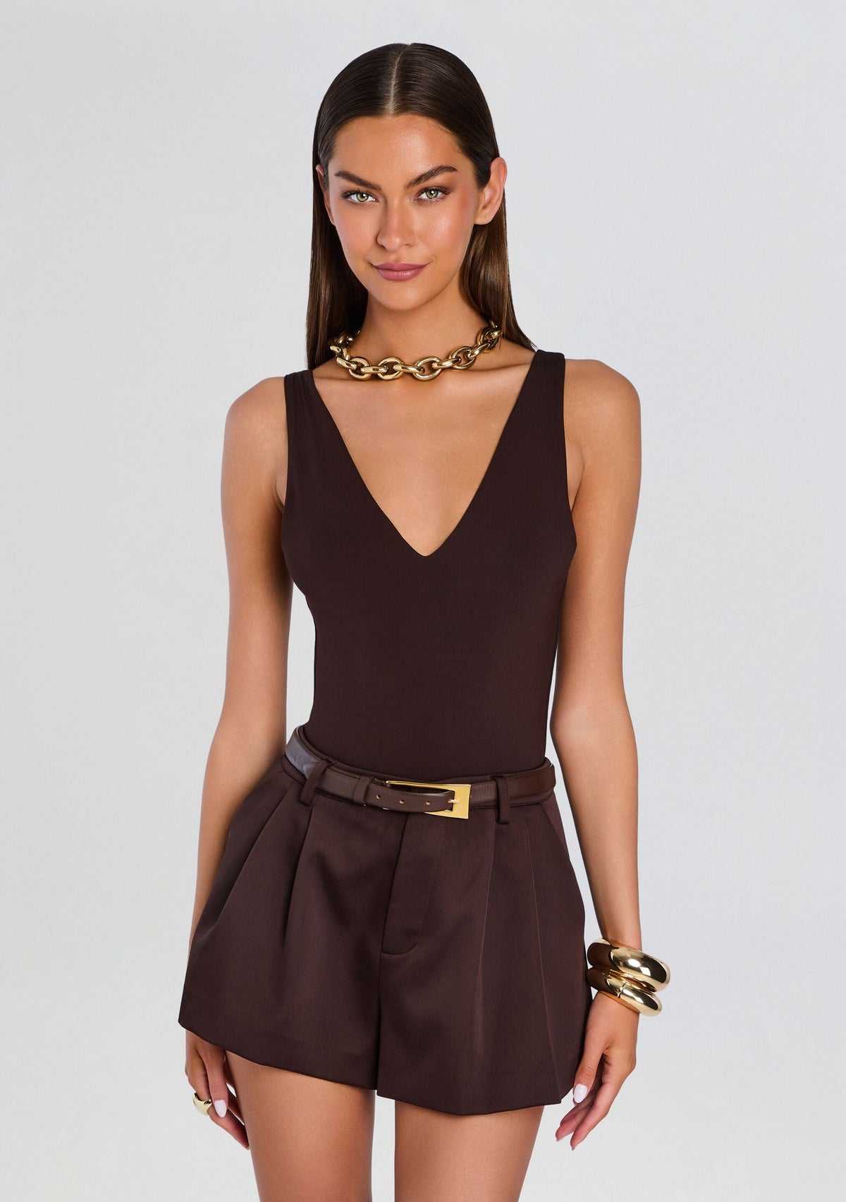Plunge V Bodysuit by Sans Faff in Espresso, product image 1