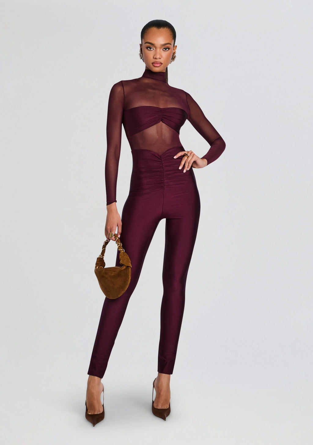 Brietta Bandeau Mesh Catsuit by SEROYA in Merlot, product image 5