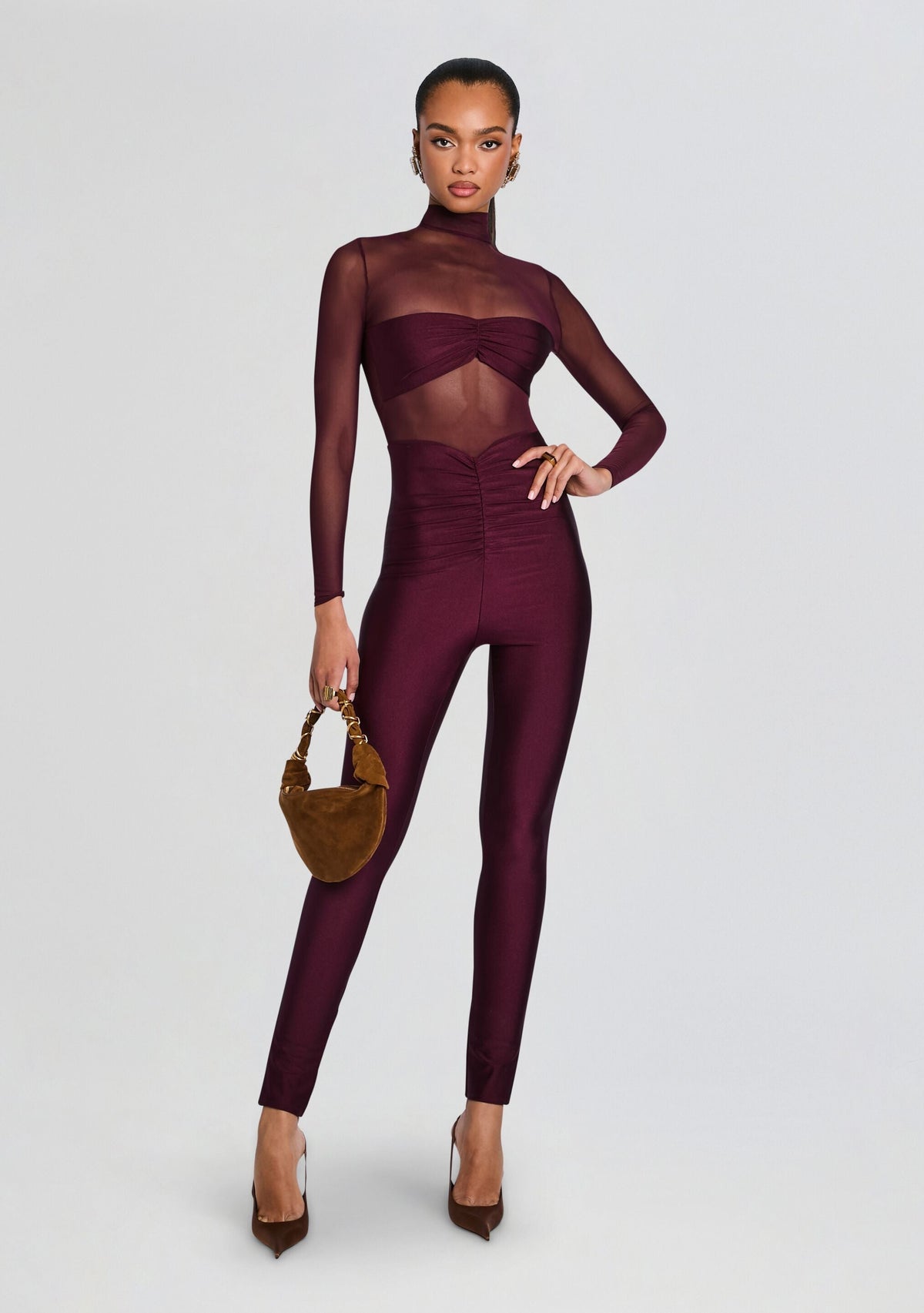 Brietta Bandeau Mesh Catsuit by SEROYA in Merlot, product image 5