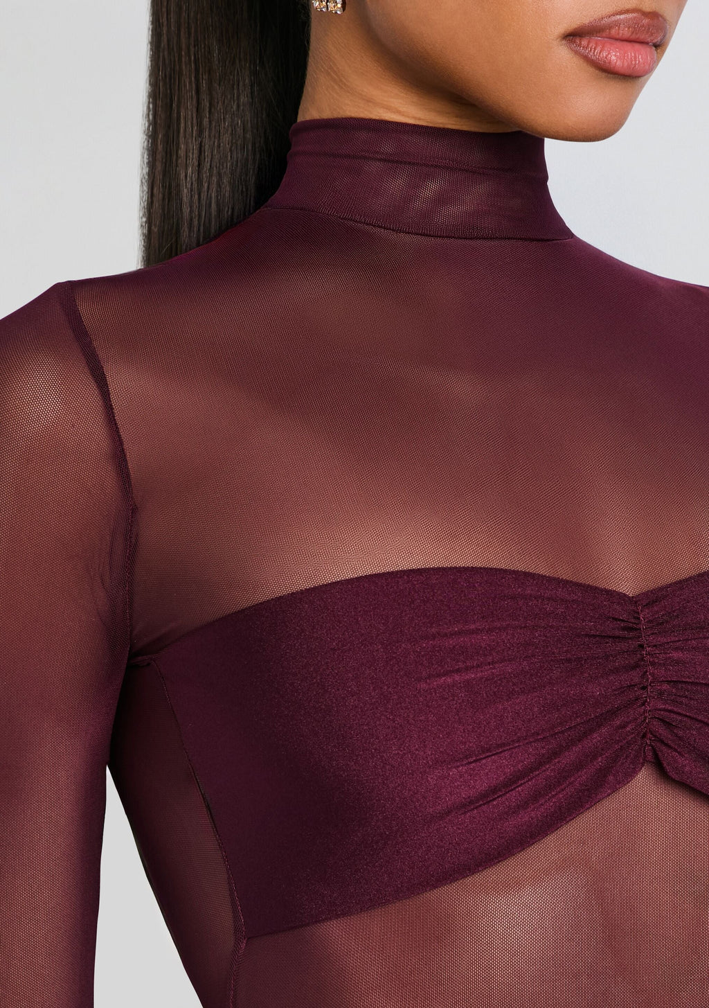 Brietta Bandeau Mesh Catsuit by SEROYA in Merlot, product image 2