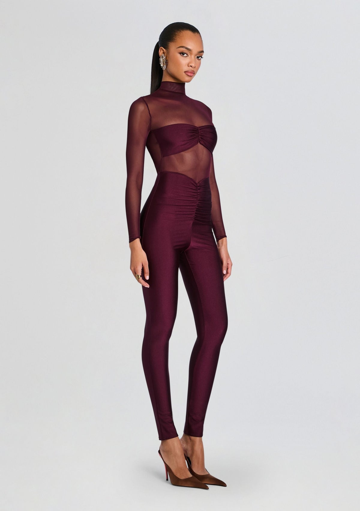 Brietta Bandeau Mesh Catsuit by SEROYA in Merlot, product image 3