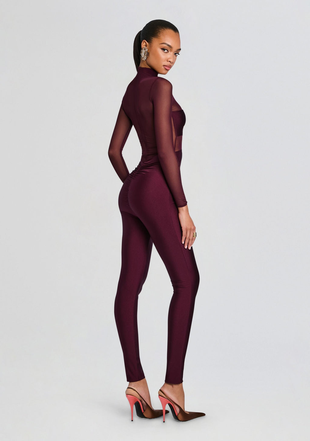 Brietta Bandeau Mesh Catsuit by SEROYA in Merlot, product image 4