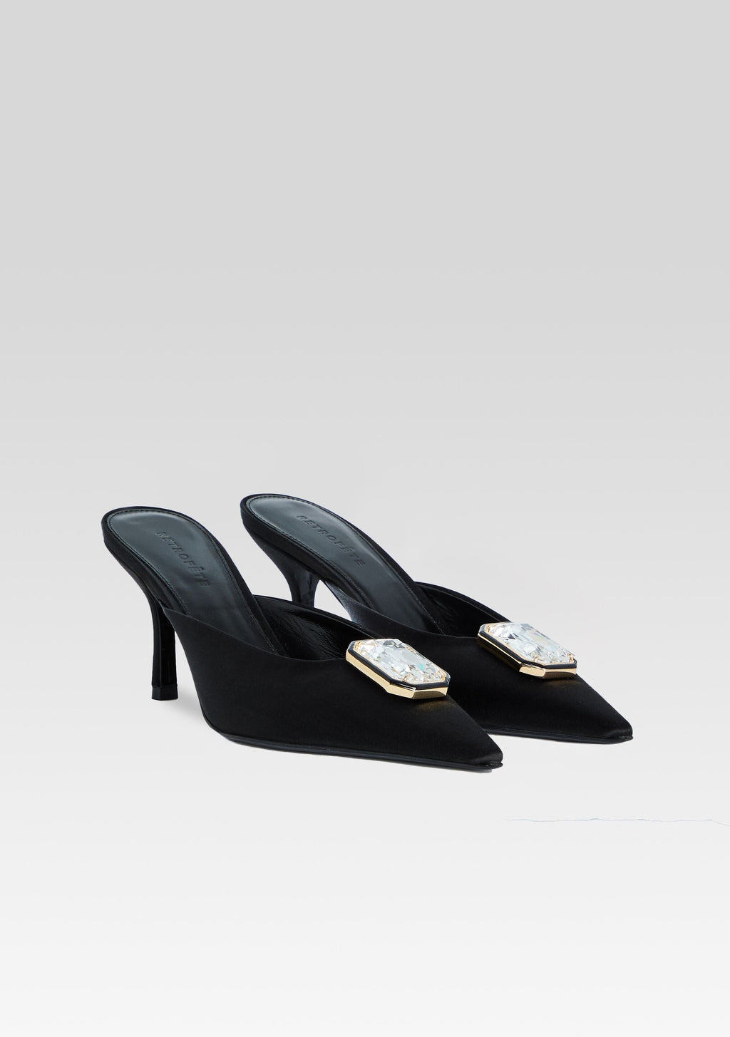 Francesca Satin Kitten Mule by retrofête in Black with Crystal, product image 3