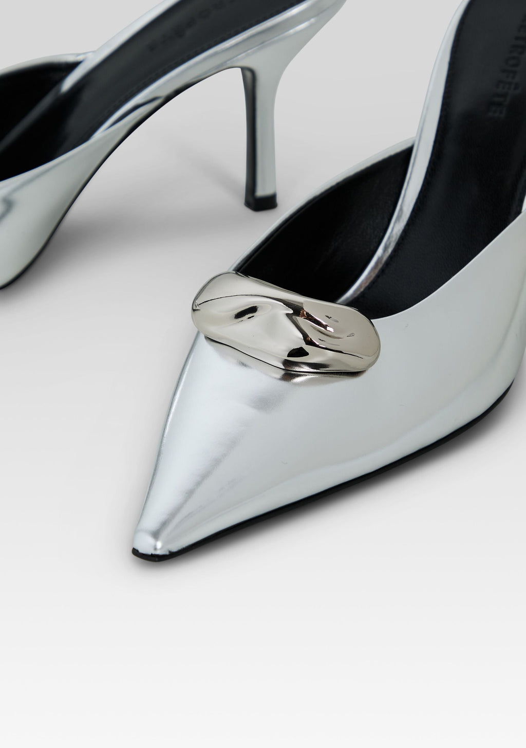 Francesca Leather Kitten Mule by retrofête in Shiny Silver, product image 4