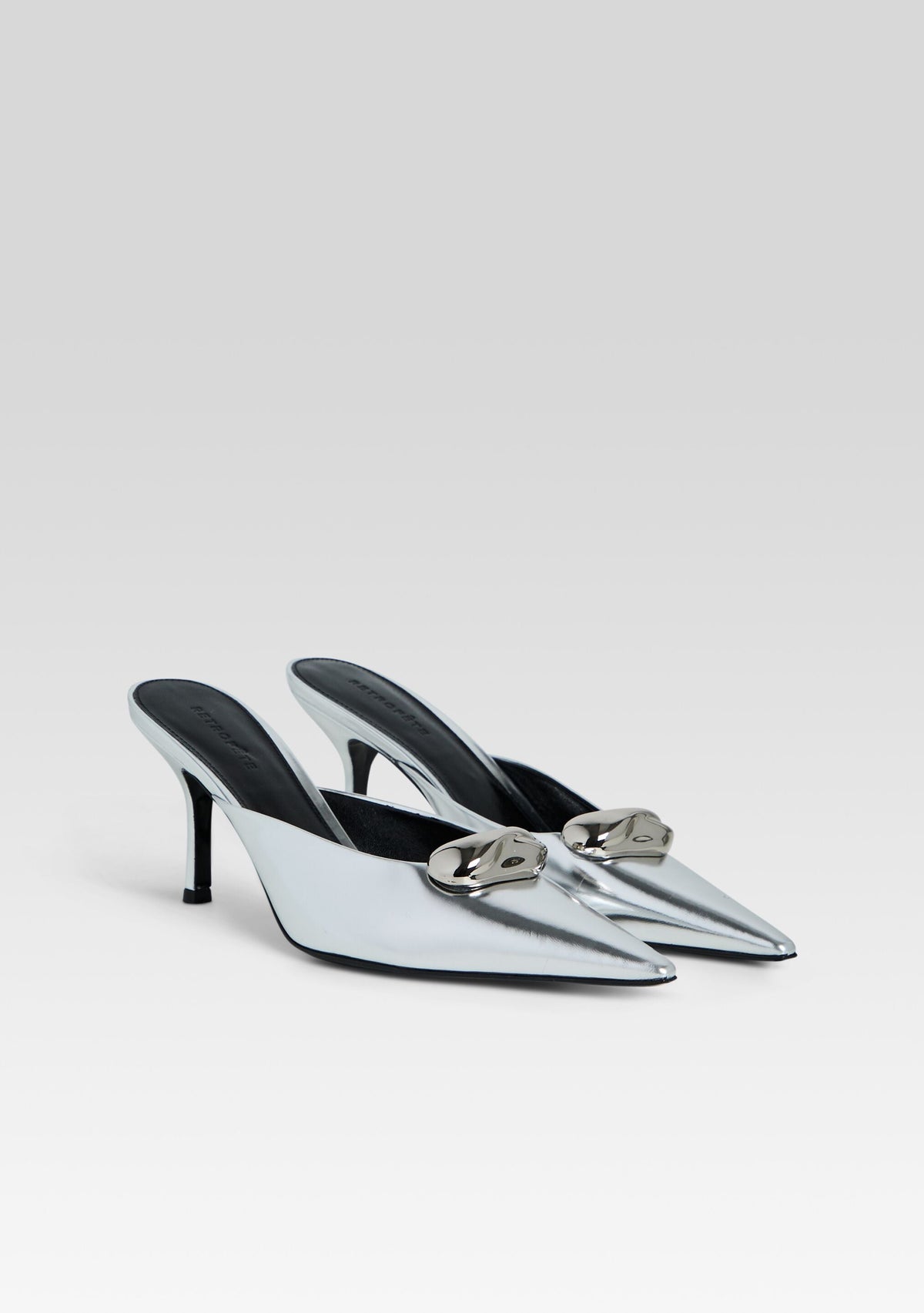 Francesca Leather Kitten Mule by retrofête in Shiny Silver, product image 3