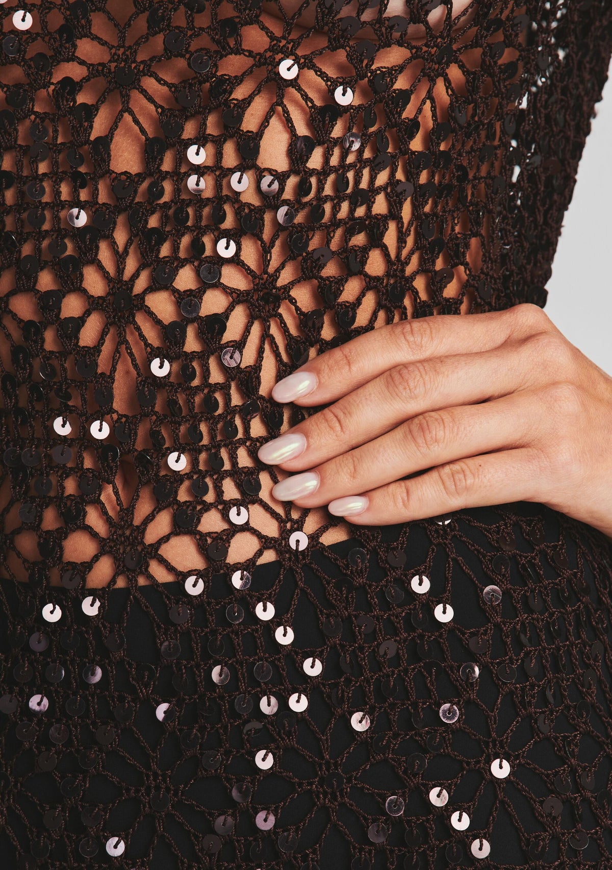 Alexa Sequin Open Crochet Dress by retrofête in Coffee Bean, product image 5