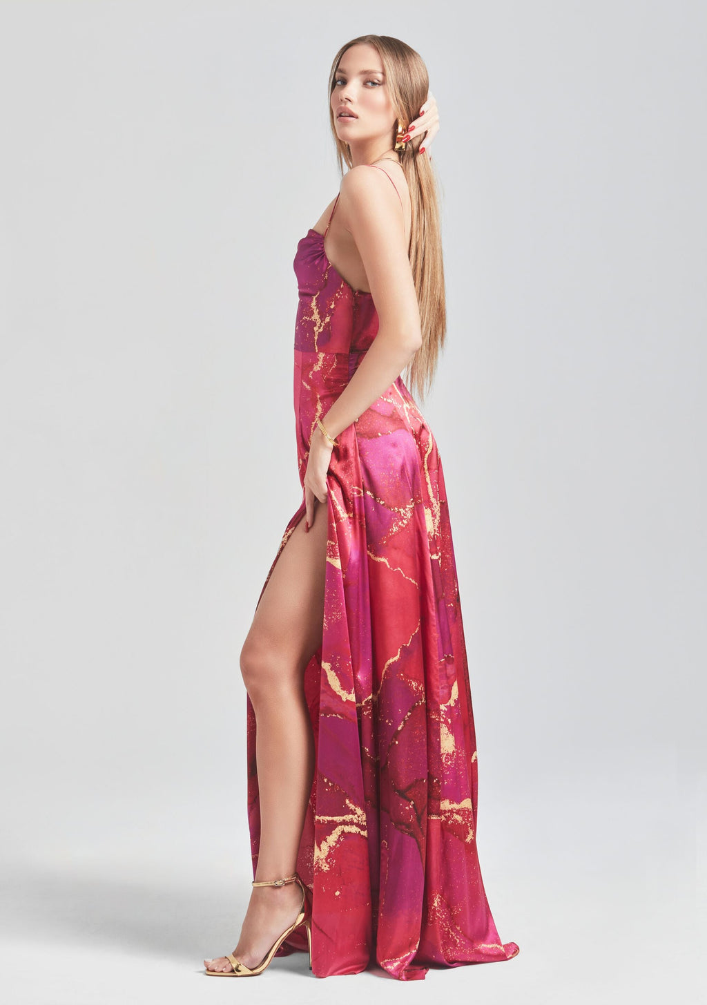 Gracie Silk Dress by retrofête in Red Watercolor Marble, product image 3