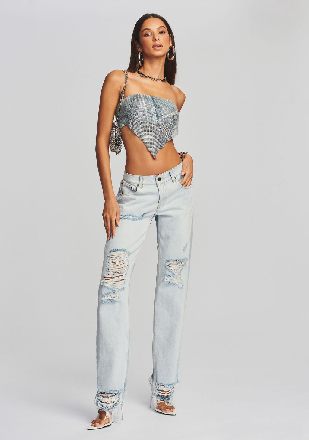 Milos Embellished Chainmail Top by retrofête in Romano Denim, product image 2