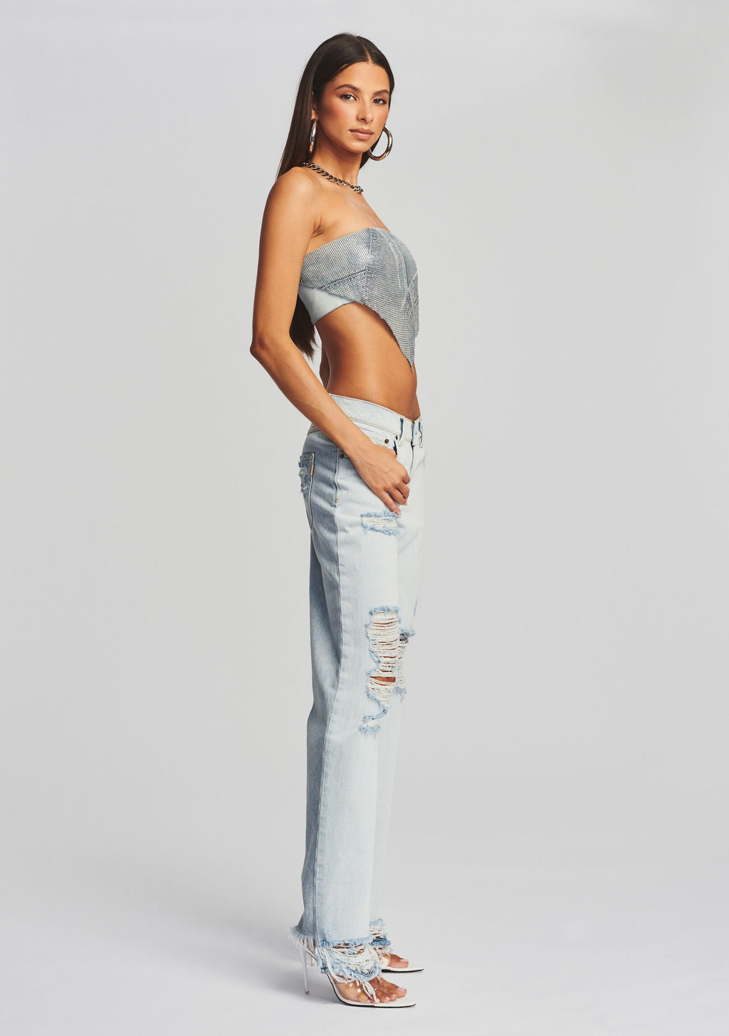 Milos Embellished Chainmail Top by retrofête in Romano Denim, product image 3