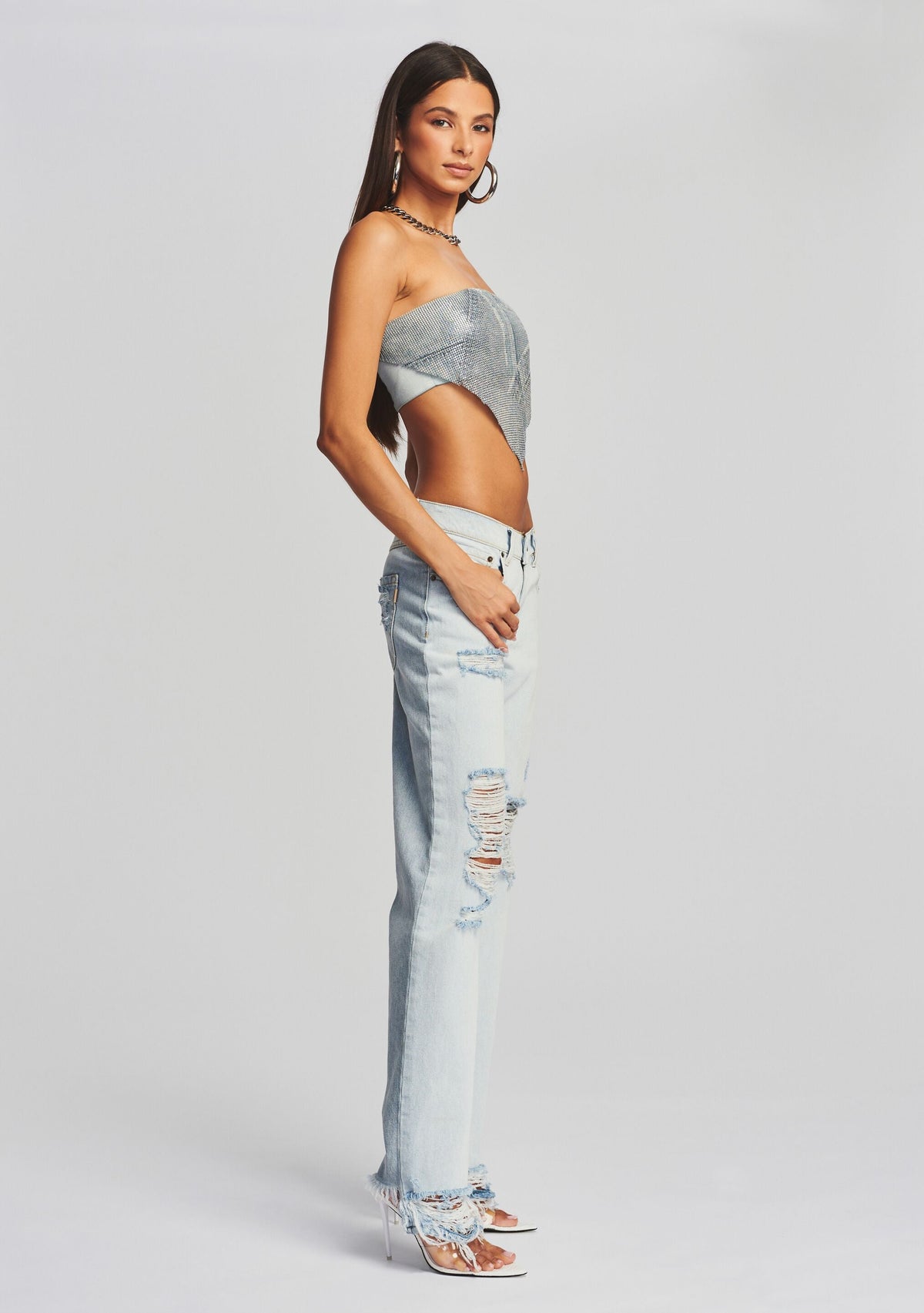 Milos Embellished Chainmail Top by retrofête in Romano Denim, product image 3