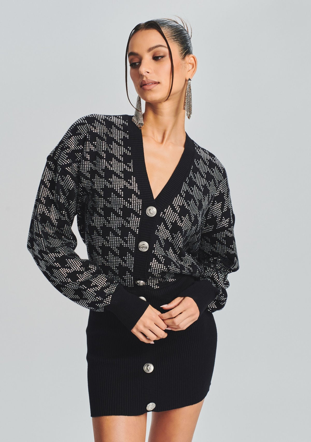 Tala Embellished Sweater Dress by retrofête in Black/Silver Houndstooth, product image 2