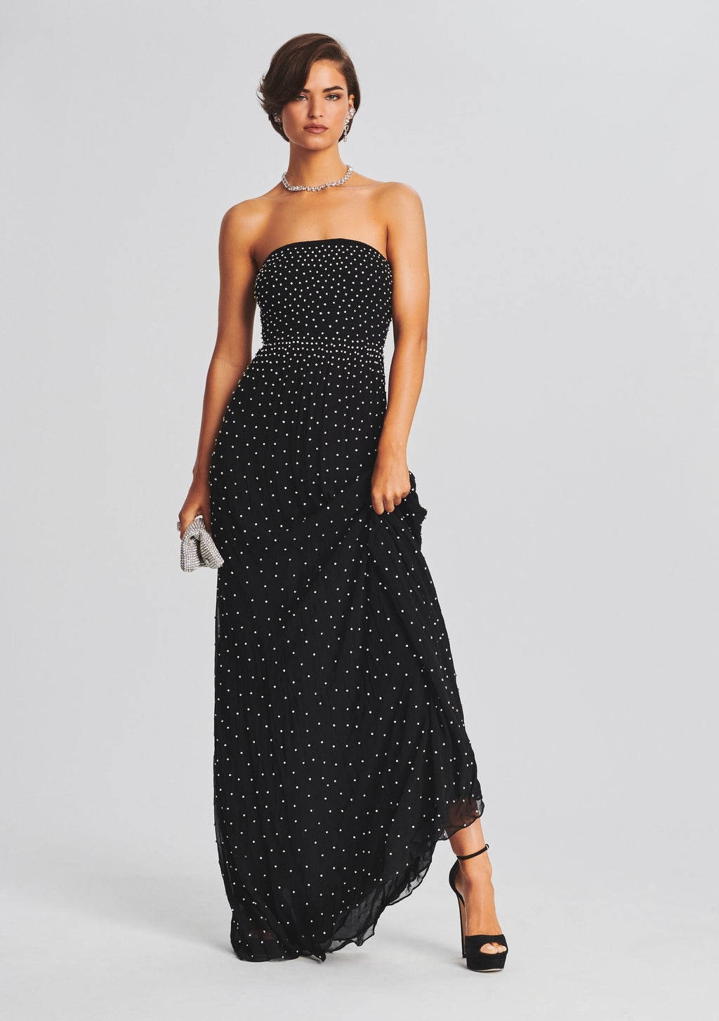 Masie Embellished Chiffon Dress by retrofête in Black/Silver, product image 1