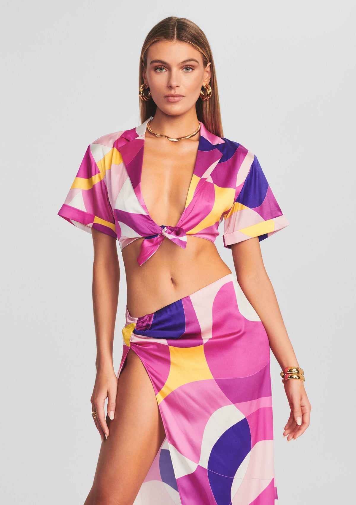 Siena Silk Top by retrofête in Pink Geo, product image 1