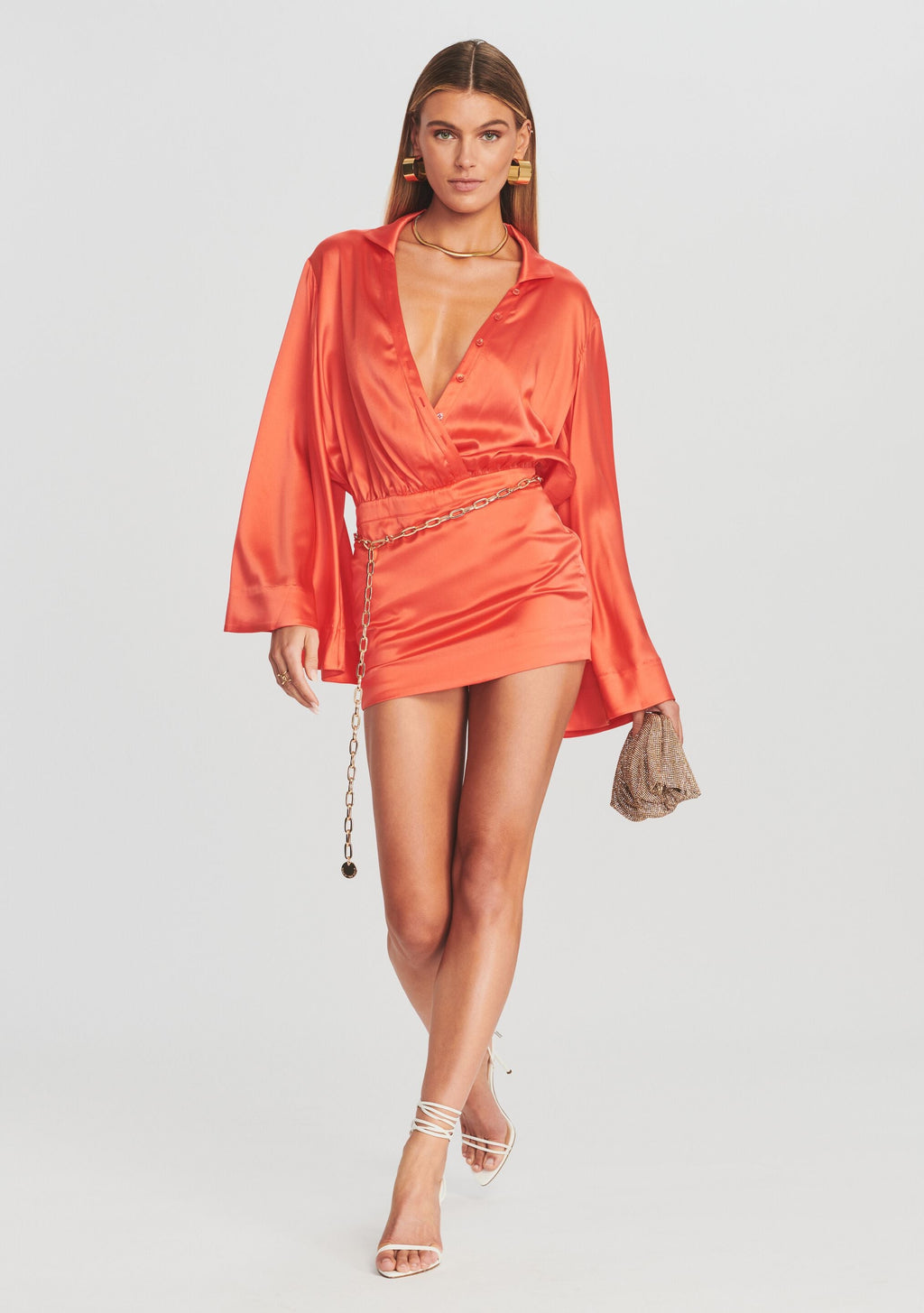 Sana Silk Dress by retrofête in Hot Coral, product image 1