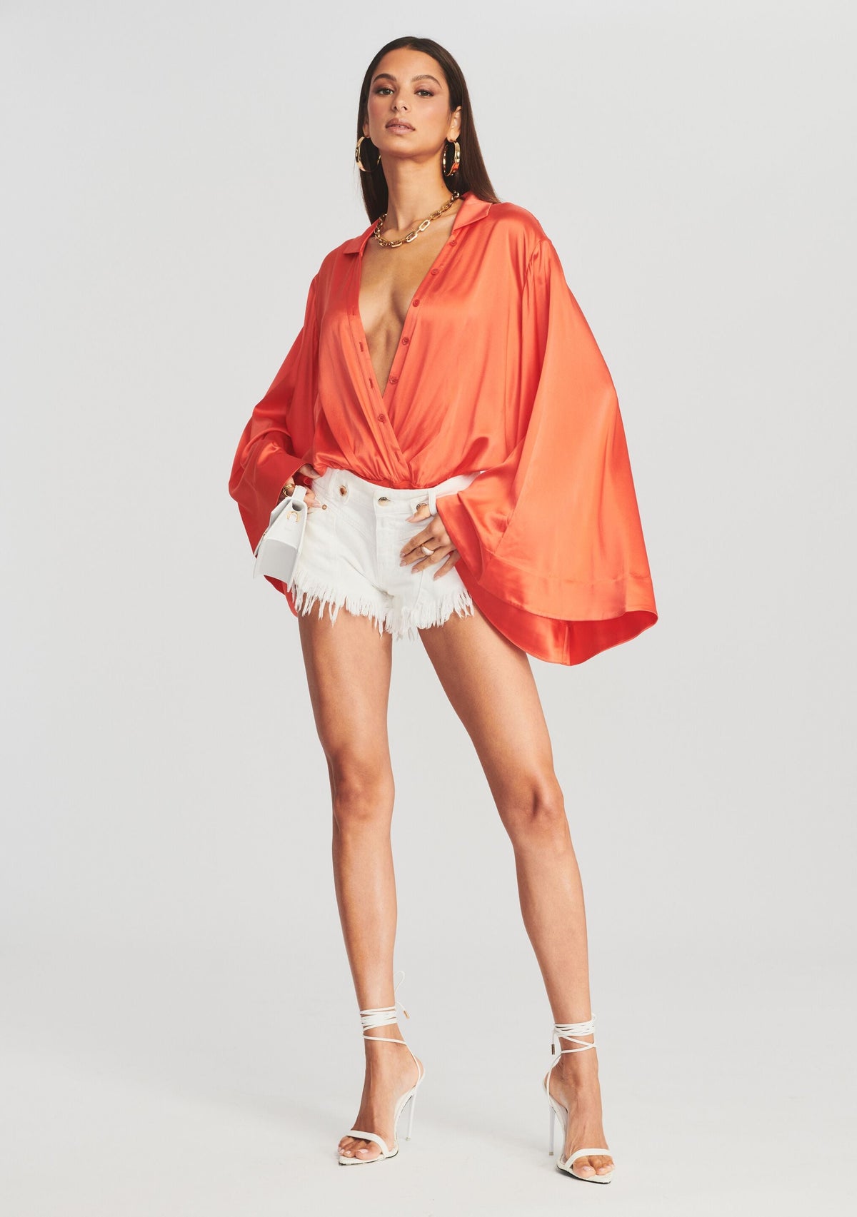 Avalon Silk Bodysuit by retrofête in Hot Coral, product image 6