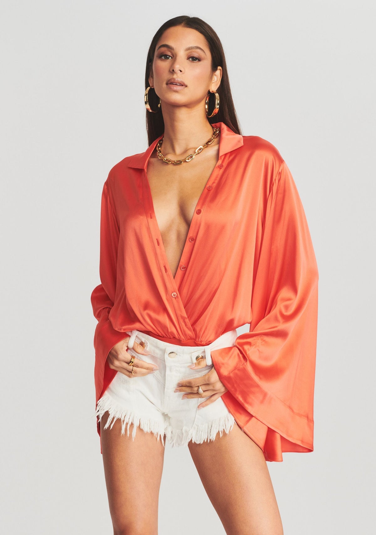 Avalon Silk Bodysuit by retrofête in Hot Coral, product image 1