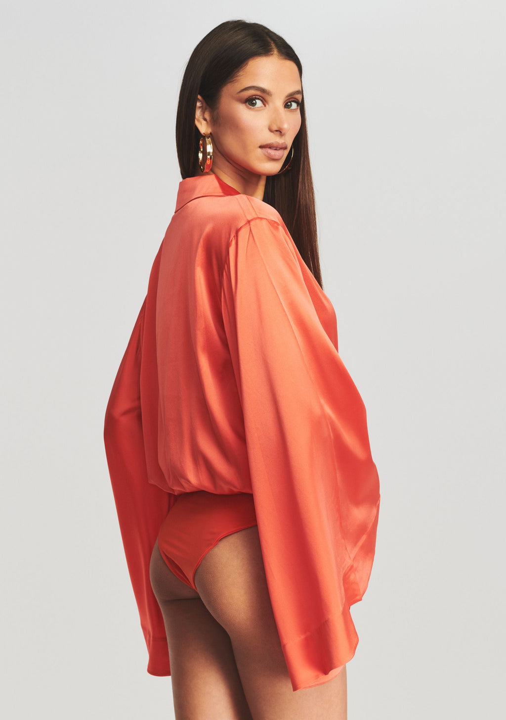 Avalon Silk Bodysuit by retrofête in Hot Coral, product image 5