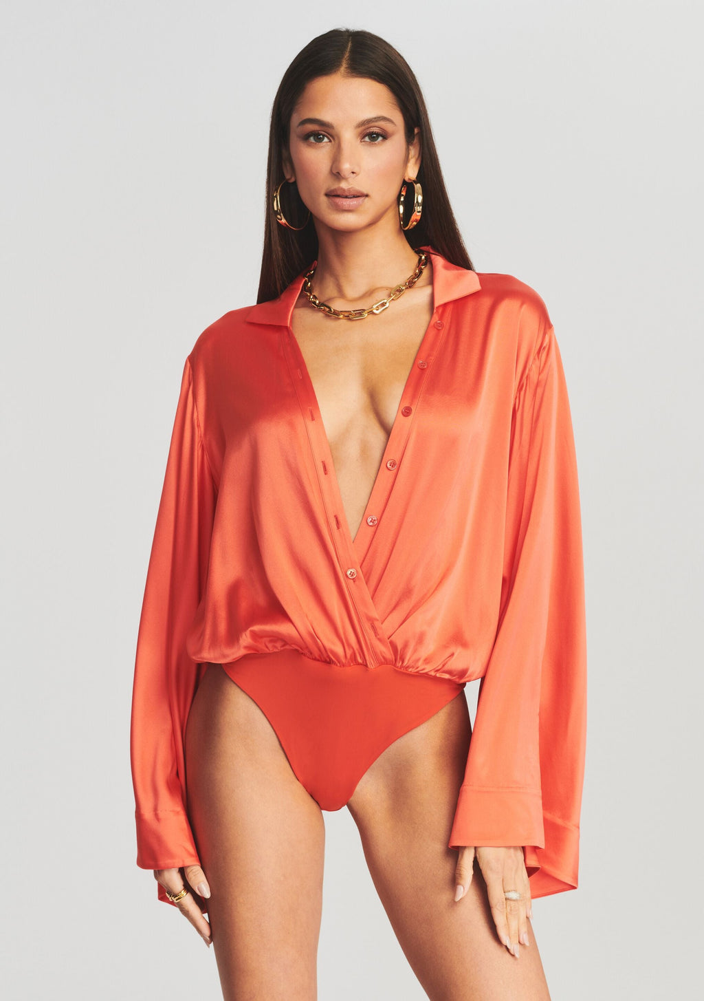 Avalon Silk Bodysuit by retrofête in Hot Coral, product image 2