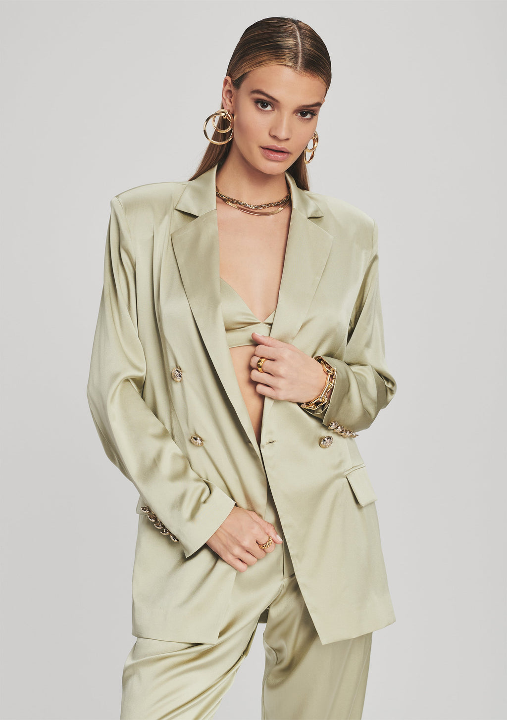Pandora Silk Blazer by retrofête in Sage, product image 1